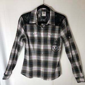 Harley Davidson L/S Black/Pink Plaid Shirt size M